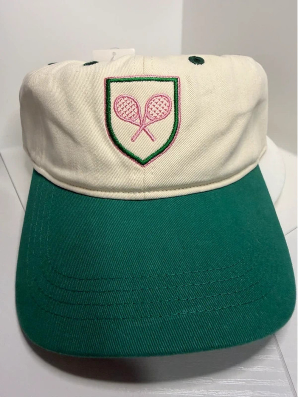 H6    Frasier Sterling Sport Tennis Racket Cream Green Cotton Hat NWT